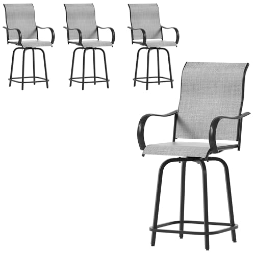 UDPATIO Outdoor Swivel Bar Stools Set of 4,Outdoor High Bistro Stools with Waterproof Textile Fabric,Armrest,Footrest,All Weather Bar Height Patio Chairs for Poolside, Garden, Backyard,Grey White