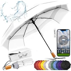 Royal Walk - Paraguas de viaje plegable resistente al viento, compacto y fuerte, lujoso mango de madera auténtica, cierre automático, doble estructura de tela ventilada, unisex, White, L