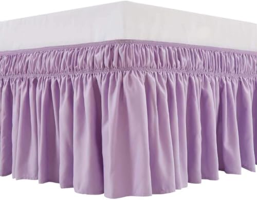 MEILA Wrap Around Bed Skirt Three Fabric Sides Elastic Dust Ruffled 14 Inch Tailored Drop,Easy to Install Fade Resistant-Light Purple, Queen/King