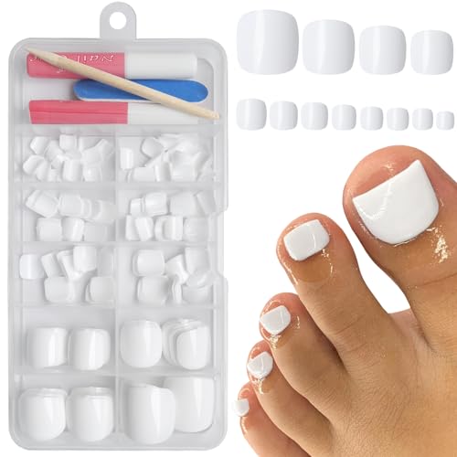 Bellelfin Short Press on Toenails, 240Pcs White Fake Toes Nails Kit Full Cover Glossy False Toenail Press ons Solid Color Acrylic Glue on Toenails for Women Girls