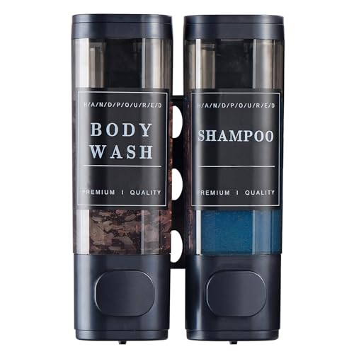Image of Cabo Deseado Shampoo and Conditioner Dispenser Bathroom Shower Soap Dispenser Wall Mounted Shampoo Dispenser for Shower Wall No Drill 2 * 300ml Midnight 2 Chamber with Waterproof Labels, CD-MSD-BT2