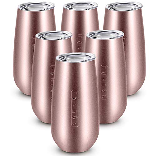 Fungun 6 Pack Stemless Champagne Flutes Wine Tumbler, 6 OZ Double-insulated Rose Gold Cocktail Cups Unbreakable Reusable Champagne Toasting Glasses with Lids (Rose Gold)