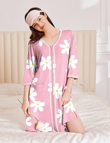 Image of Ekouaer Zipper Robes for Women 3 /4 Sleeves Lightweight House Coat Zip Up Bathrobe Soft Nightgown with Pockets S-3XL