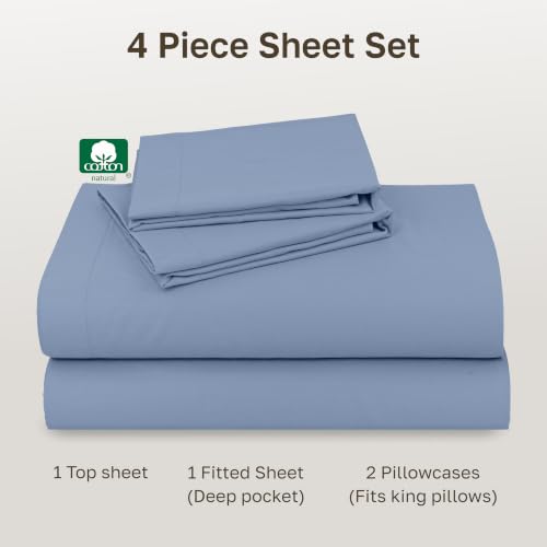 Image of California Design Den King Size Sheets Set - Natural 100% Cotton Sheets King Size with Deep Pockets, Soft Sateen Weave, Breathable and Durable Bedding Set (Blue Hydrangea)
