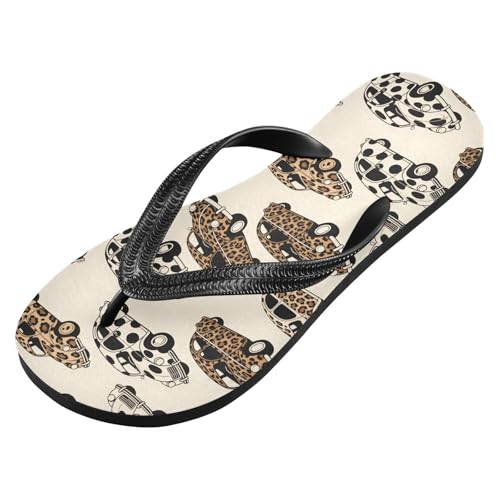 ALAZA Cute Leopard Print Cars Flip Flops for Women Fashion Beach Slippers Comfort Mens Flip Flops Non-Slip Rubber Shower Slippers Sandal for Hotel Travel Sport,XS2