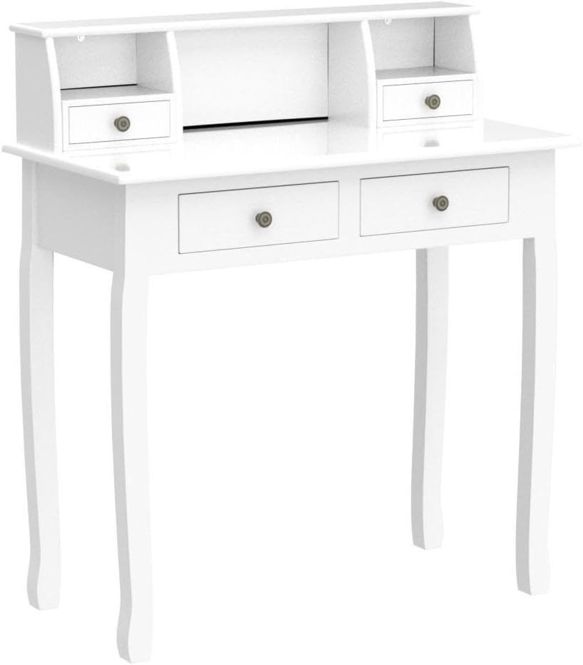 DMAITH Small White Writing Desk with Hutch – 32" Home Office Desk with Drawers | Compact Computer Desk, Vanity Makeup Table for Bedroom or Study Room