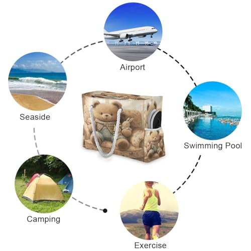 Teddy Bear on The Sofa Beach Bag & Travel Tote Bag Large Sandproof with Zipper Closure, Wet Pouch for Swim Gym Travel4
