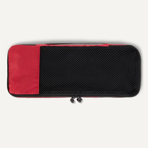 Image of Amazon Essentials 4-Piece Space-Saving Packing Cubes Travel Accessories Set, Luggage Organizer with Double Zipper, Mesh Top, Polyester, Slim, Red (Previously Amazon Basics)