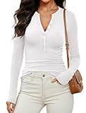 Prettywear Womens Long Sleeve Henley Shirts 2025 Fall Clothes Fitted Casual Work Basic Cute Tops Button V Neck Tee T-Shirts Pure White