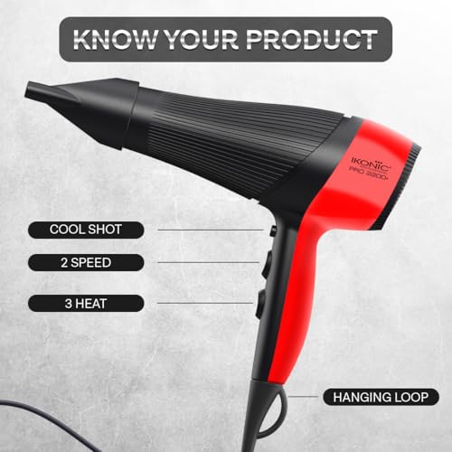 Image of Ikonic Pro 2200+ Hair Dryer, 2200W Powerful AC Motor, Ionic Technology, 2 Speed & 3 Heat Setting, Cool Shot, Low Noise, Hair Diffuser & Nozzle, For Women & Men, All Hair Type (Black & Red)