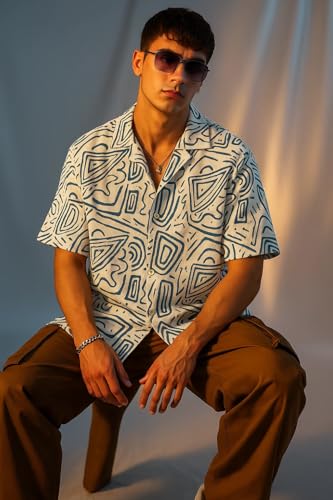 Image of Veirdo Poly Cotton Oversized Loose Baggy Fit Drop Shoulder Cool and Stylish Abstract Print Men Camp Collar Shirt