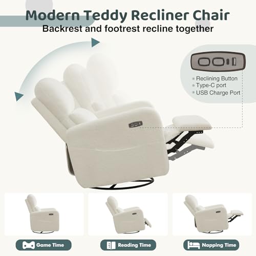 Image of Power Swivel Rocker Recliner, Oversized Boucle Nursery Glider Recliner, Teddy Swivel Rocking Reclining Chair with Removable Cushion and Lumbar Support for Nursery Living Room Bedroom, White