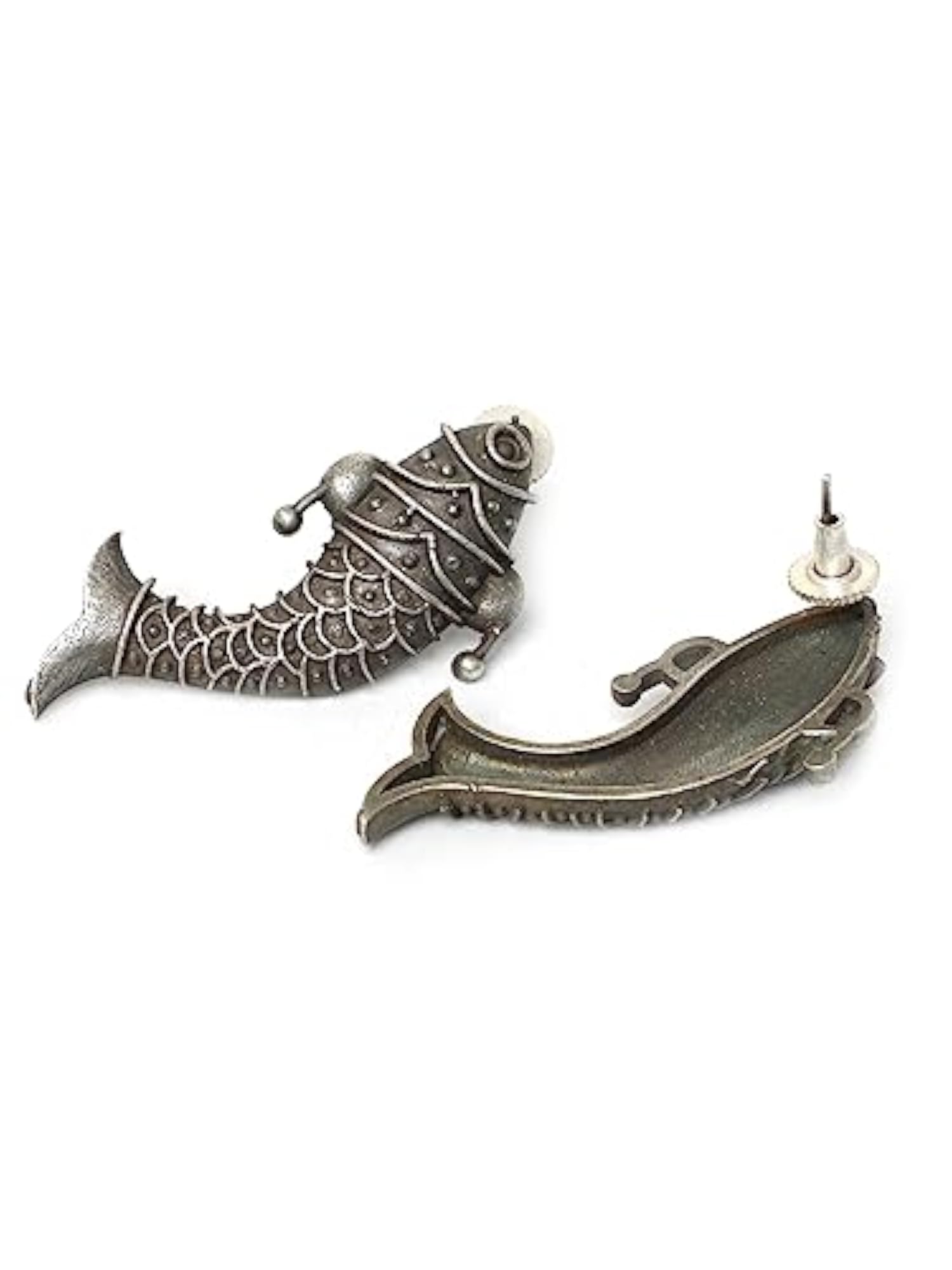 Oxidized Silver Fish Stud Earrings for Women
