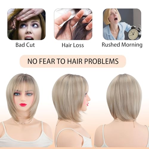 Webshaiy Perücke Damen Kurz Bob mit Pony Voluminöser Look für Reife Frauen Graabdeckung & Mama, Ombre Light Blonde Layered Bob Wig Glatte Synthetische Perücken with Human-Hair-Like Fiber