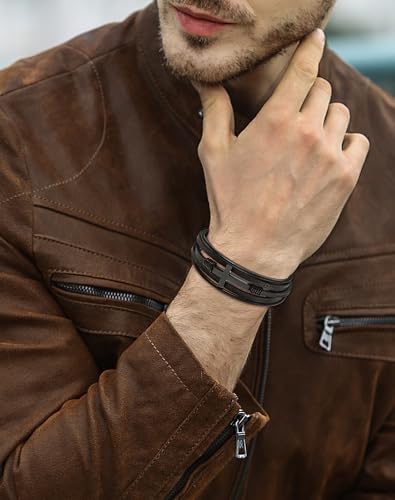 YL Cross Masonic Leather Mens Bracelet, 18K Gold/Black Rhodium Plated Christian Religious 316L Stainless Steel Brown Cuff Handcrafted Jewelry Gifts3