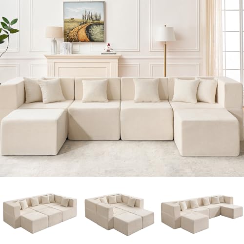 Image of MONVANE 130'' Modular Sectional Cloud Couch for Living Room, 6 Seater Convertible Chenille Couches Set with Ottoman & Pillow, No Assembly Compression Sofas, Comfy Floor Sofa with Memory Foam, Beige
