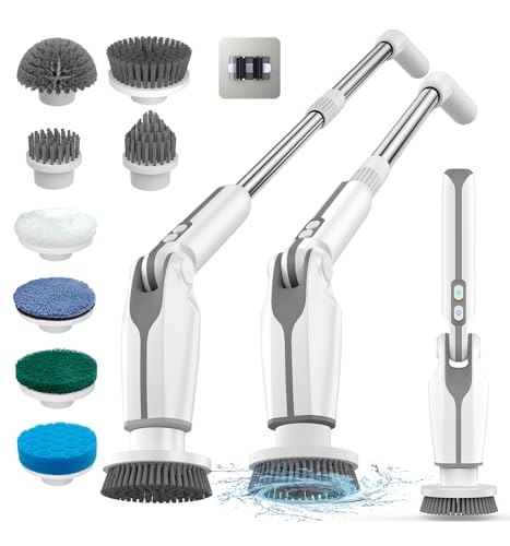 Leebein Cepillo Eléctrico Limpieza Hogar, 2024 Fregadora Giratoria Eléctrica con 8 Cepillo Reemplazables, Control Remoto, Mango Ajustable 38-132CM y 2 Velocidades de Rotación para Baño/Cocina/Coche