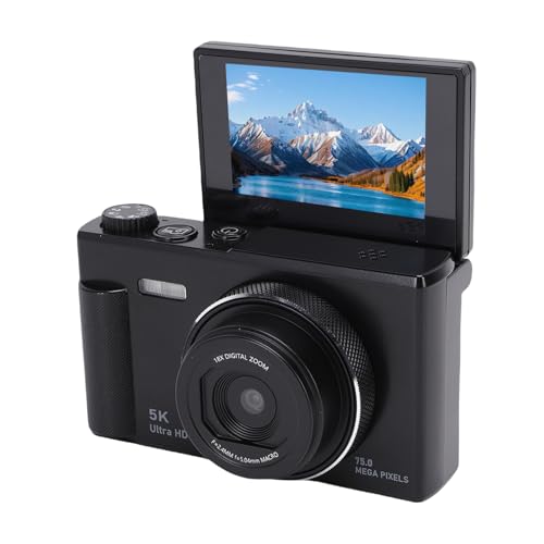 VBESTLIFE Cámara Digital 5K para Fotografía, Cámara Vlog de 75MP con Zoom de 18X, Pantalla Abatible de 2,8 Pulgadas y 180°, de Viaje Compacta con Enfoque Automático (Black)