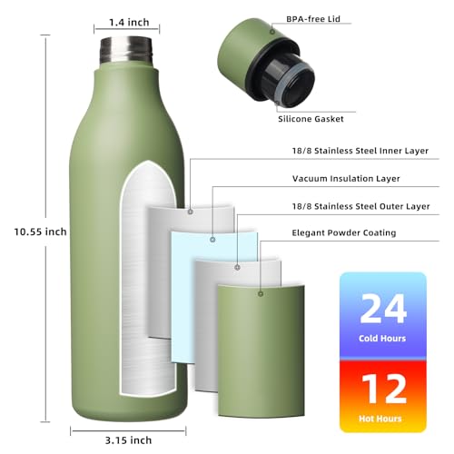 Image of BJPKPK Insulated Water Bottles, 25 oz Stainless Steel Metal Water Bottle with Strap, BPA Free Leak Proof Jugs, Mugs, Flasks, Reusable Thermal Flasks for Sports & Travel, Forest Green