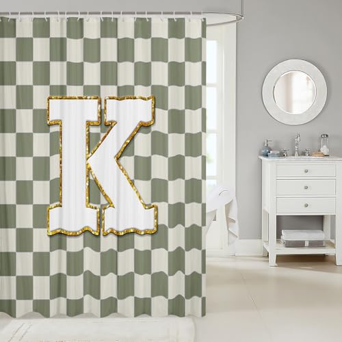 Image of Erosebridal Sage Green Checkered Shower Curtain 72 inch Wx78 L Plaid Initial K Bathroom Curtain Personalized Monogram Bathroom Accessories for Kids Adults,Fashion Grids Gingham Shower Decor