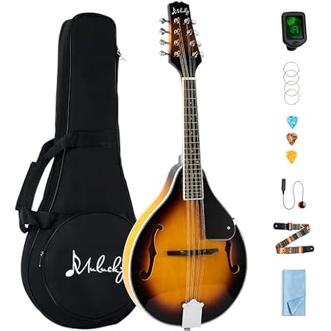 Mulucky A Style Mandolins Instrument, 8 String Acoustic Mandolin with Beginner Kit for Adults Kids, Case, Tuner, String, Picks - Sunburst Cover