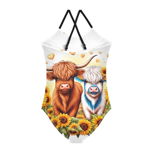 CHIFIGNO Highland Cows Sunflowers Girl Swimsuit, One Piece Swimsuit Kids Sport Summer Beach Swimwear for 3 Years Old2