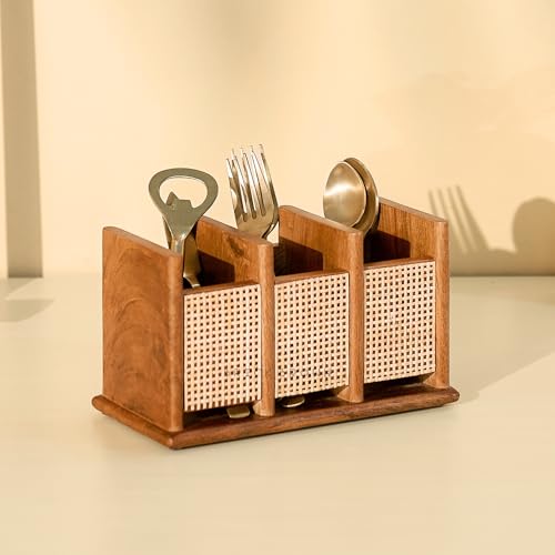 Image of Brick Brown Premium Wooden Nora Cutlery Holder Spoon Stand for Kitchen | Cutlery holder for Dining table | Wooden Caddy Storage Organiser Stand with 3 Section Caddy Holder (8.4x4x4.7 inch)
