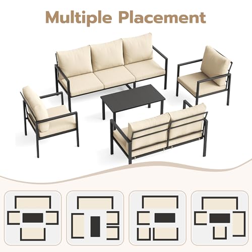 Image of 5 Pieces Metal Patio Furniture Set Deck Outdoor Furniture 7-Seat Patio Conversation Sets All-Weather Rust-Proof Sectional Sofa Set with Removable Cushion for Deck, Balcony, Yard, Poolside