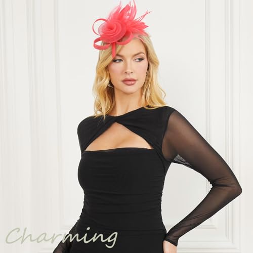 Image of DRESHOW Fascinators Hats for Women Tea Party Fascinator Hats Vintage 50s Headwear Cocktail Wedding Church Derby Hat