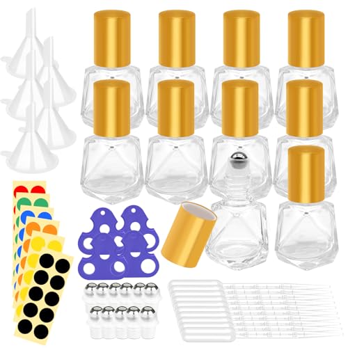 41Pcs 8ml/0.27oz Polygonal Clear Glass Roller Bottles Kit Contains Stainless Steel Empty Refillable Roll on Glass Bottles, Funnels, Blank Labels, Opener, Pipettes for Essential Oil