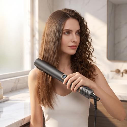Cepillo alisador profesional iónico con aire caliente - Alisador para cabello de calentamiento rápido con función de aire frío, enchufe UE, pantalla LCD y protección contra quemaduras - Negro miniatura 1