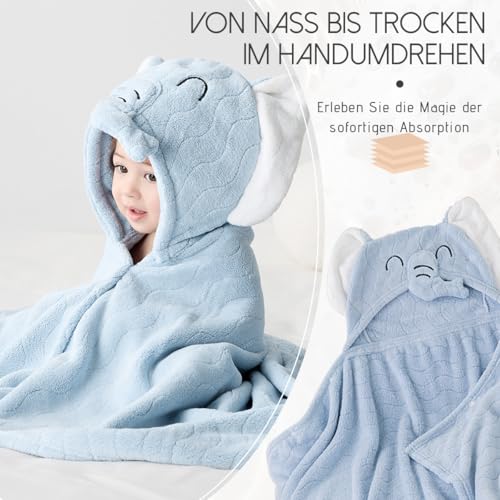 Image of Cute Animal Hooded Baby Towel Soft Coral Fleece Baby Towels with Hood Toddler Bath Towel Large 27 x 55 Inch Ultra Absorbent Hooded Bath Towels for Babies Baby Bath Towel（Blue