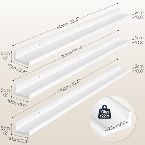 HOOBRO Wandregale, Schweberegale, Regal Wand 3er-Set, 90 cm Hängeregale mit erhöhten Kanten, Regalbrett für Badezimmer, Schlafzimmer, Küche, Büro, Wohnzimmerdekoration, Weiß EWT90BJ01