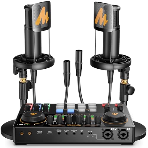 MAONO Podcast Equipment Bundle for 2: Audio Interface Mixer with 2 XLR Condenser Mic Noise Reduction Podcast Streaming MaonoCaster E2 Gen2C