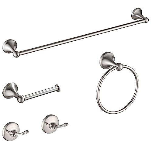 Hoomtaook Accesorios Baño 5 Piezas, Toalleros de Baño de Pared, Kit de Accesorios Baño incluir 60cm Toallero, 1 Anillo de Toalla, 2 Gancho Toalla Baño y portarrollos Papel Higiénico, Níquel Cepillado