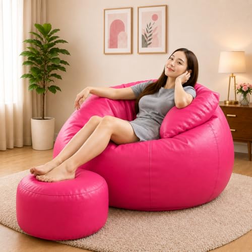 Image of 4XL Tear Drop Bean Bag with Footrest & Cushion | Premium Leatherette Bean Bag Cover | XXXXL Lounger Chair for Living Room | Without Beans | Upto 150 Kg (Pink, XXXXL)