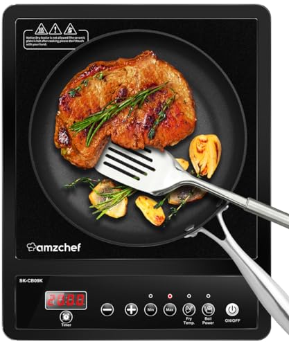 Placa de inducción, placa de inducción simple AMZCHEF, 2000 W máx. Con 10 niveles de temperatura y potencia, portátil con temporizador, ajuste máximo y mínimo, control de botón simple
