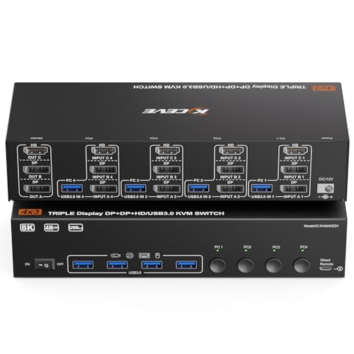 Image of 8K KVM Switch 3 Monitors 4 Computers HDMI+2DP 4USB3.0 for USB Gear | USB3.0 KVM 4 PC Share Triple Monitors, Supports Extended & Copy Mode, Ideal for Home, Office & Programmers