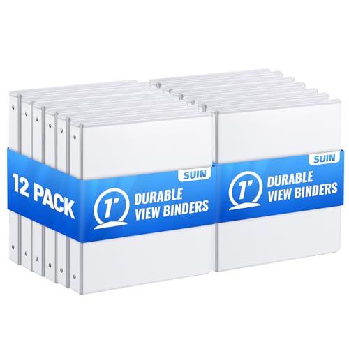 SUIN 1” 3 Ring Binder -1 inch View Binders with Round Ring Binders, Large 200 Sheet Capacity, Fit 8.5″ x 11″ US Letter Size Paper, 12 Pack White (1-inch)