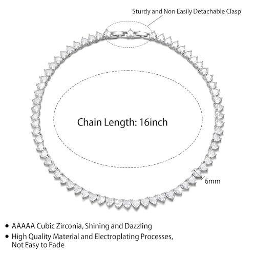 FEEL STYLE Heart Tennis Necklace for Women - 4mm 6mm 18K White Gold Plated Diamond Necklace - Iced Out Choker Necklaces Cubic Zirconia Tennis Necklace 16-18inch4