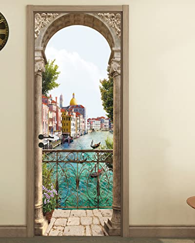 Door Sticker - Flfk 3D Door Mural Peel And Stick, Removable Self-Adhesive Italian Water City Door Wallpaper For Home Decor, 30.3 "W X 78.7 "L, Set Of 2 Sheets #TOP3