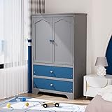 Rophefx 2 Door Kids Wardrobe with 2 Storage Drawers, Bedroom Armoire with Adjustable Shelf and Hangi