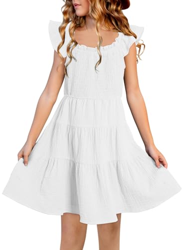 blibean Girls 2024 Summer Sleeveless Sundress Off Shoulders Tween Cotton Sun Dresses Holiday Party Tiered Outfit Kids Cute Smocked Wedding Guest Dance Clothes Size 6-7 Years Solid White