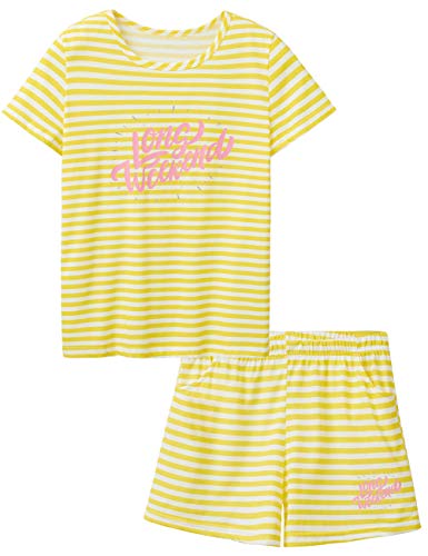 Image of Cozchique Summer Pajamas for Girls - Stripe & Glittering Heart PJS Pal Cute Jammies Set Big KidsSize 6-16
