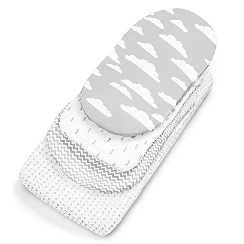 BaeBae Goods Premium Bassinet Fitted Sheet Set - 4 Pack 100% Jersey Knit - Grey and White - Chevron Pattern - Standard Size Oval or Halo Bassinet Pads