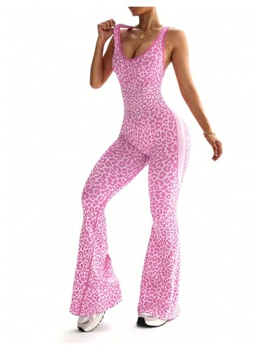 Image of Verdusa Women's Cheetah Print Workout Sets Yoga Jumpsuit Criss Cross Sleeveless Work Out Clothes Flared Pants Jumpsuits
