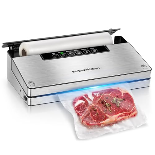 Bonsenkitchen Vacuum Sealer Machine, Stainless Steel Food Sealer Vacuum Sealers with 1 Roll & 5 Bags, 5 Food Vacuum Modes, Built-in Cutter & Bag Storage (Silver Black) Silver-Black 1 Roll +