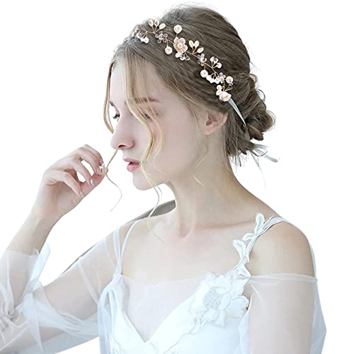 Diadema con Flor Perla, Tocados de Pelo, Diademas Novia con Flores Color Dorado, Rhinestone Cristal Perla Flor Tiara, Accesorios para Cabello Novia para Mujeres y Niñas, para Cumpleaños Fiestas Bodas Cover