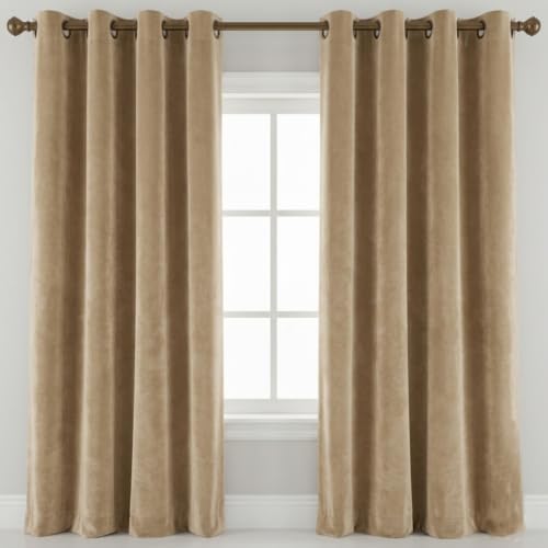 Image of Amazon Brand - Solimo Velvet Curtain Set of 2 (52x72 Inch) Plain Door & Window Curtains for Living Room & Bedroom |75% Light Blocking, Eyelet Curtains for Home Decor in Beige Color (4 feet x 6 feet)