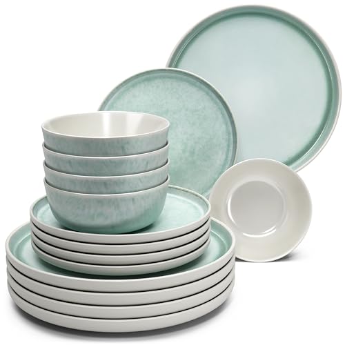 Steingut Geschirrset 4 Personen Ibiza 12 tlg. TESTSIEGER, Traumhaftes Mediterranes Steingut Geschirr Set, Schüssel- und Teller Set, Tafelservice 4 Personen, Geschirrsets Pure Living in Türkis